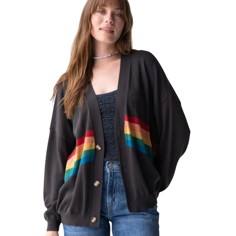 Natural Life Happy Cardigan Women L/XL Charcoal Black Rainbow Stripe Boho Casual